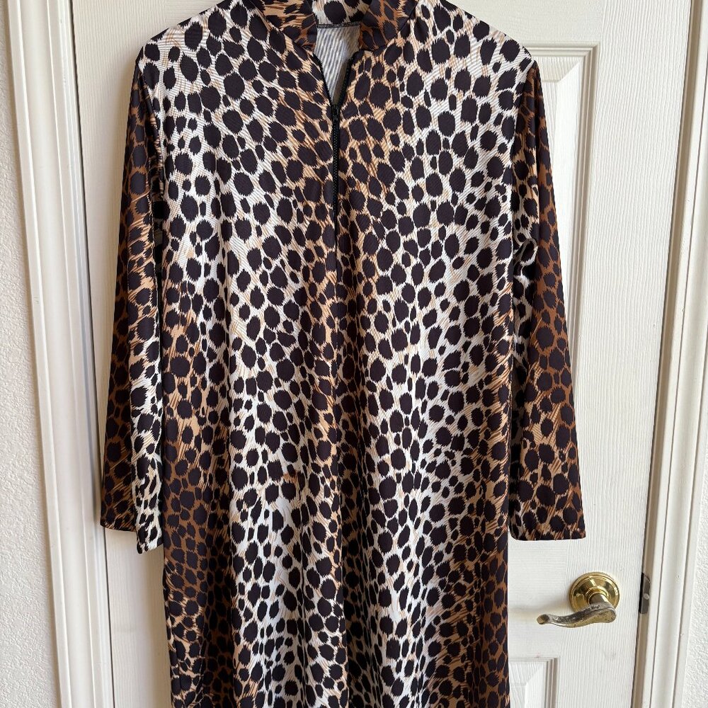 Vintage ALAN R. leopard print zipper front A-line knit tunic with pocket size M